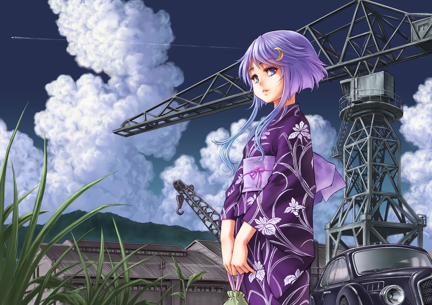 anthropomorphism, aqua_eyes, building, car, clouds, japanese_clothes, kantai_collection, kimono
