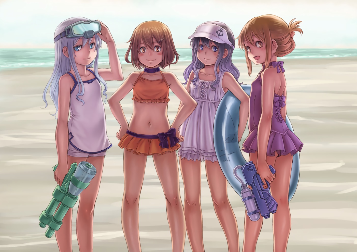 akatsuki_(kancolle), anthropomorphism, beach, blue_eyes, brown_eyes, brown_hair, choker, goggles, gray_hair, group, hat, hibiki_(kancolle), ikazuchi_(kancolle), inazuma_(kancolle), kantai_collection, kosai_takayuki, long_hair, navel, short_hair, skirt, swim_ring, swimsuit, water, white_hair