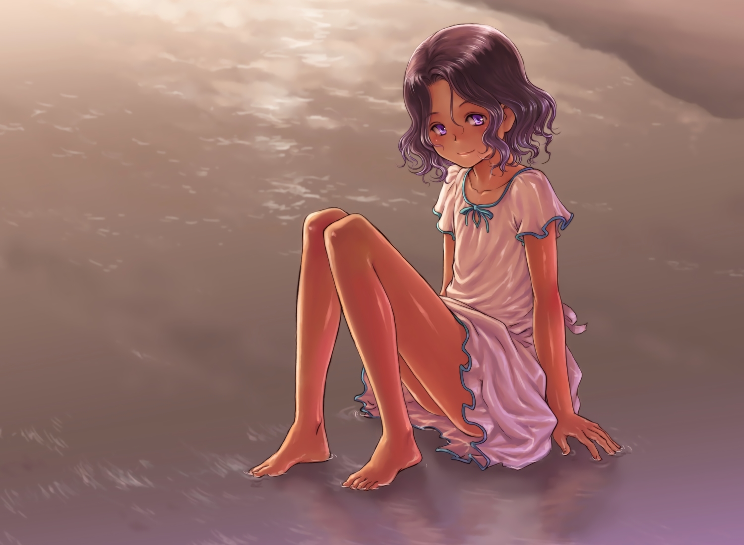 barefoot, beach, dark_skin, dress, kosai_takayuki, original, purple_eyes, purple_hair