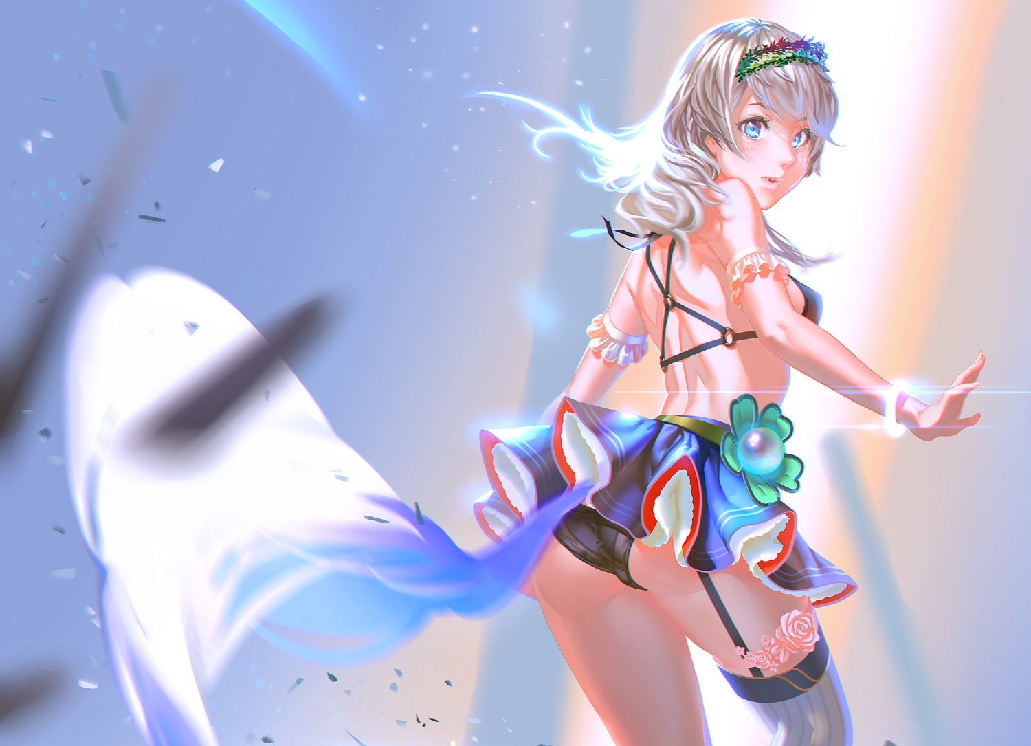 ass, bikini_top, blue_eyes, cropped, fang, garter_belt, gray_hair, headband, long_hair, original, panties, rapa_rachi, skirt, tail, thighhighs, underwear, wristwear