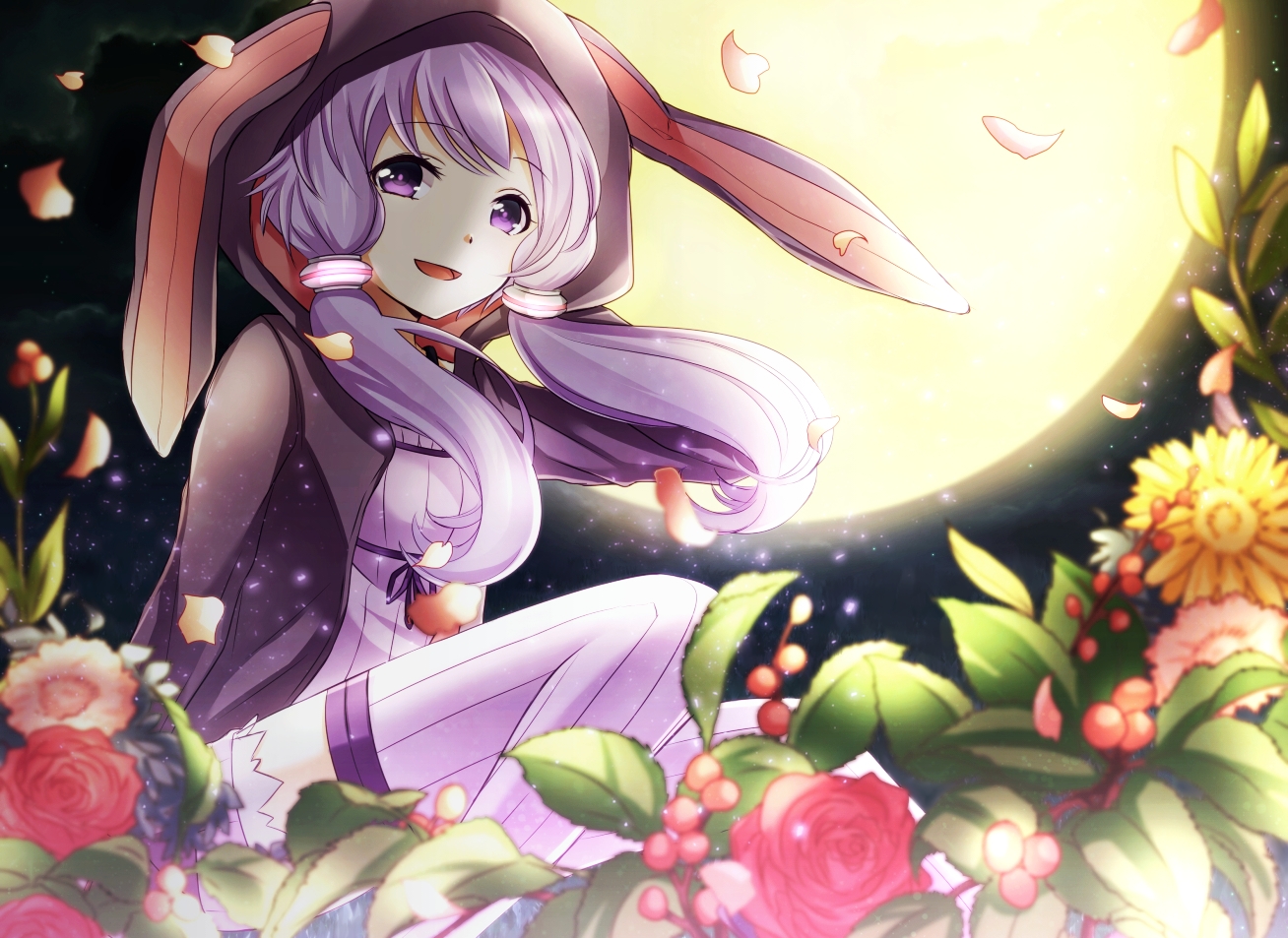 flowers, hood, moon, night, petals, purple_eyes, purple_hair, thighhighs