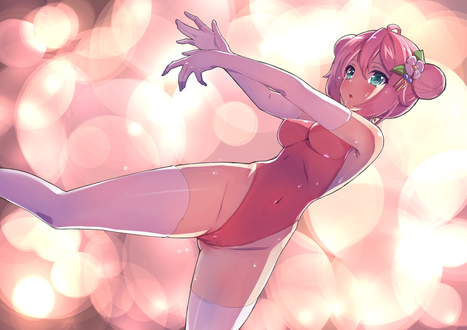 aqua_eyes, bodysuit, cameltoe, elbow_gloves, gloves, ichihachiyon, original, pink_hair, thighhighs, wet