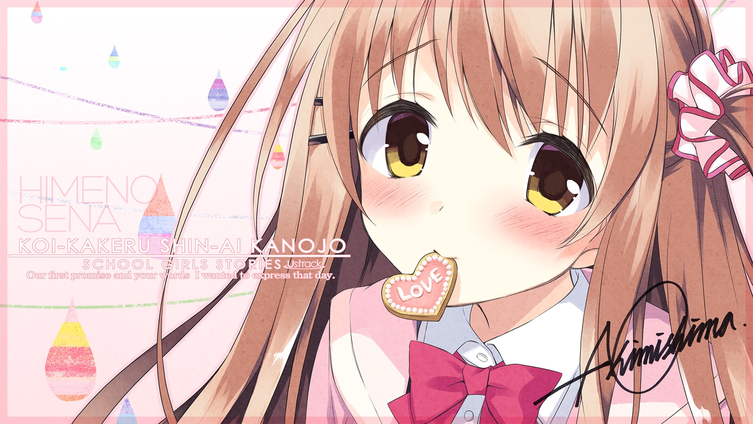 blush, brown_hair, himeno_sena, kimishima_ao, koi_x_shin_ai_kanojo, long_hair, school_uniform, signed