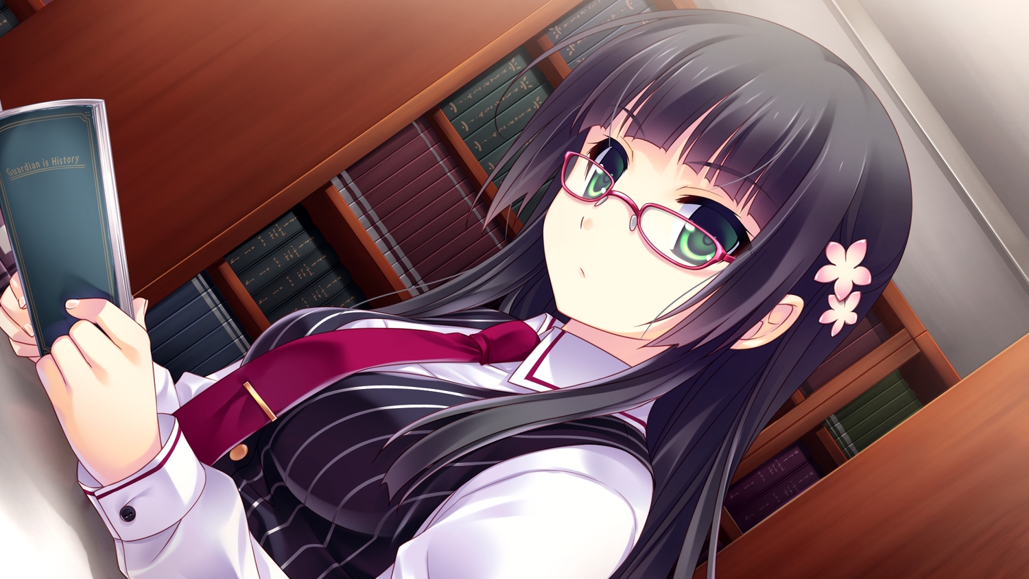black_hair, book, game_cg, glasses, green_eyes, guardian_place, long_hair, skyfish