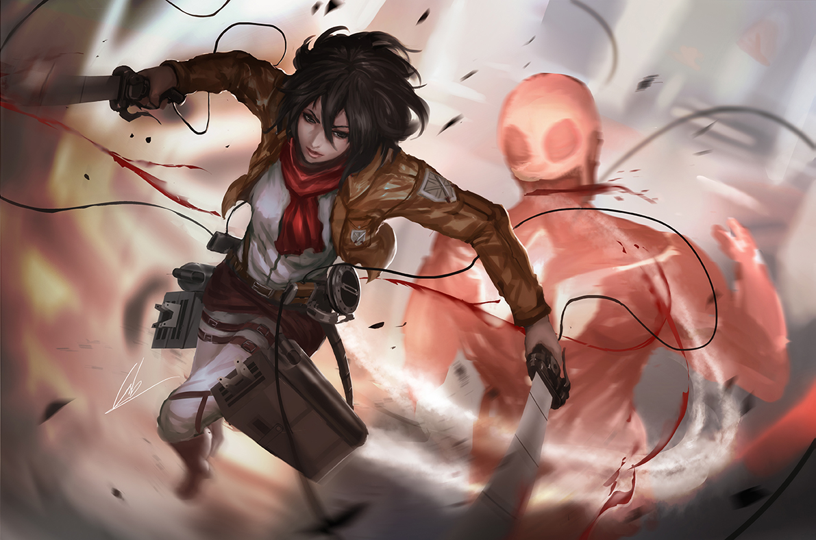 black_hair, blood, cglas, mikasa_ackerman, scarf, shingeki_no_kyojin, short_hair, signed, sword, uniform, weapon
