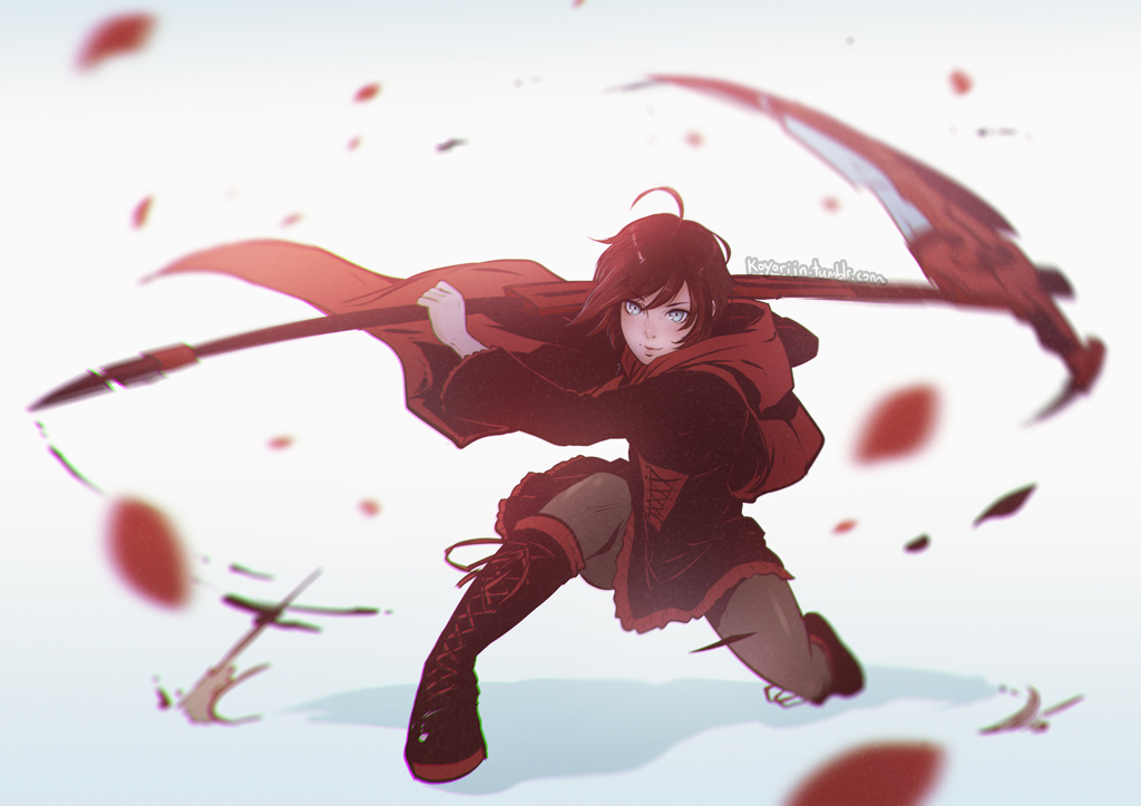 boots, cape, koyorin, pantyhose, ruby_rose, rwby, scythe, short_hair, weapon