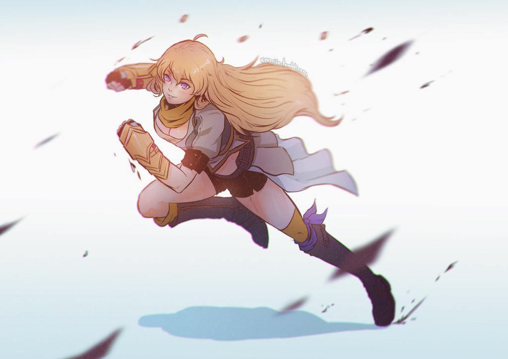 blonde_hair, boots, koyorin, long_hair, rwby, shorts, watermark, yang_xiao_long