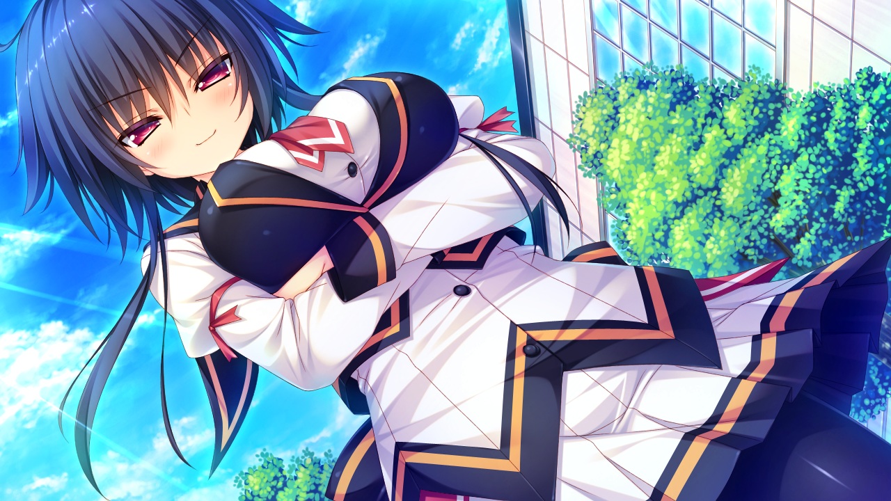 2-g, black_hair, blush, game_cg, kamishiro_makoto, long_hair, pantyhose, red_eyes, samidare_growing_up!, samoyed_smile, school_uniform, skirt