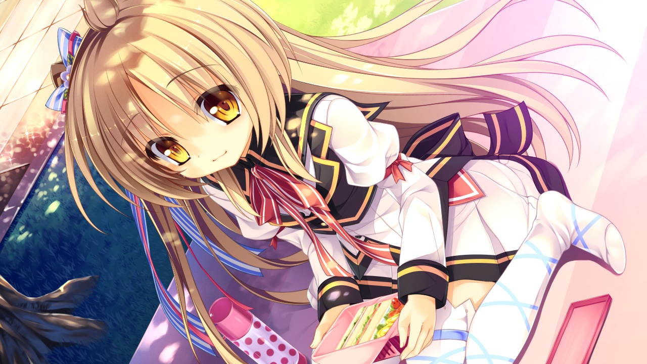 2-g, ayatsuji_hiyori, blonde_hair, game_cg, long_hair, samidare_growing_up!, samoyed_smile, school_uniform, skirt, thighhighs, yellow_eyes