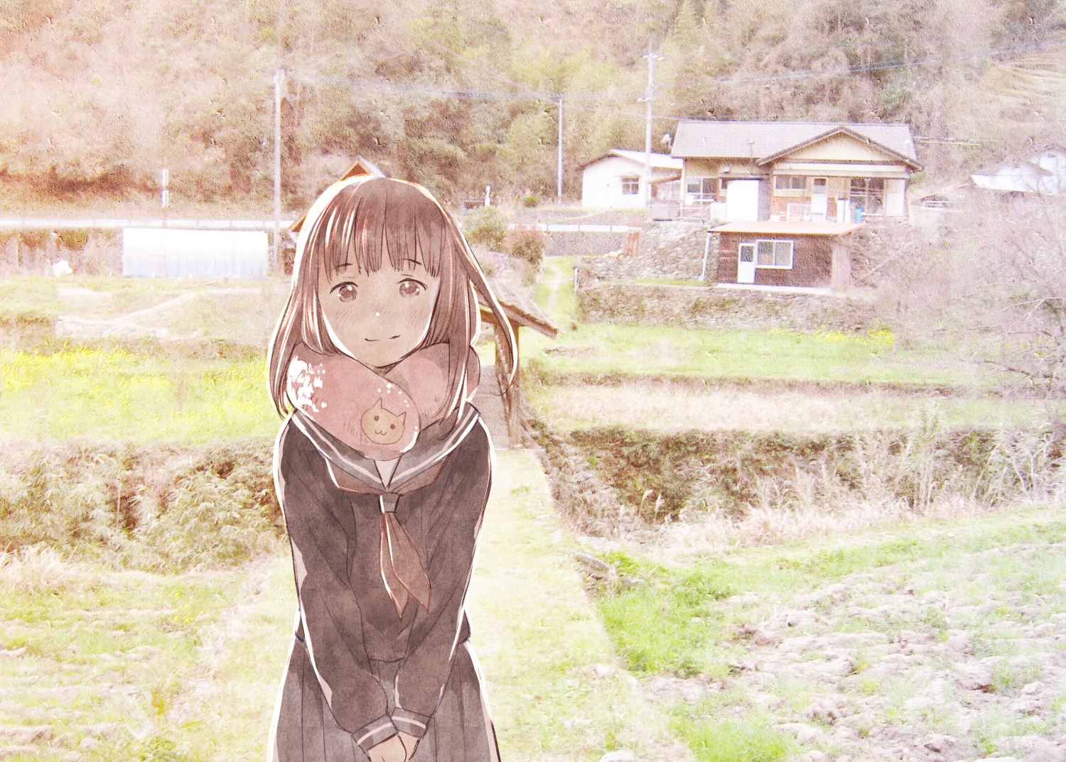 brown_eyes, brown_hair, building, original, photo, scarf, school_uniform, yuu_(plasm)