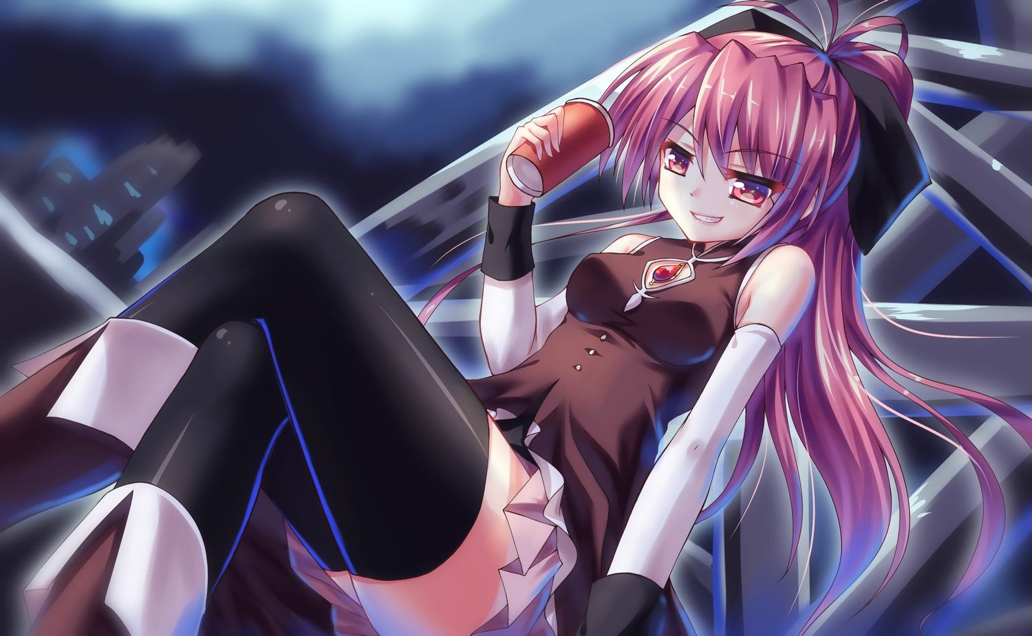 boots, drink, long_hair, mahou_shoujo_madoka_magica, necklace, night, pink_eyes, pink_hair