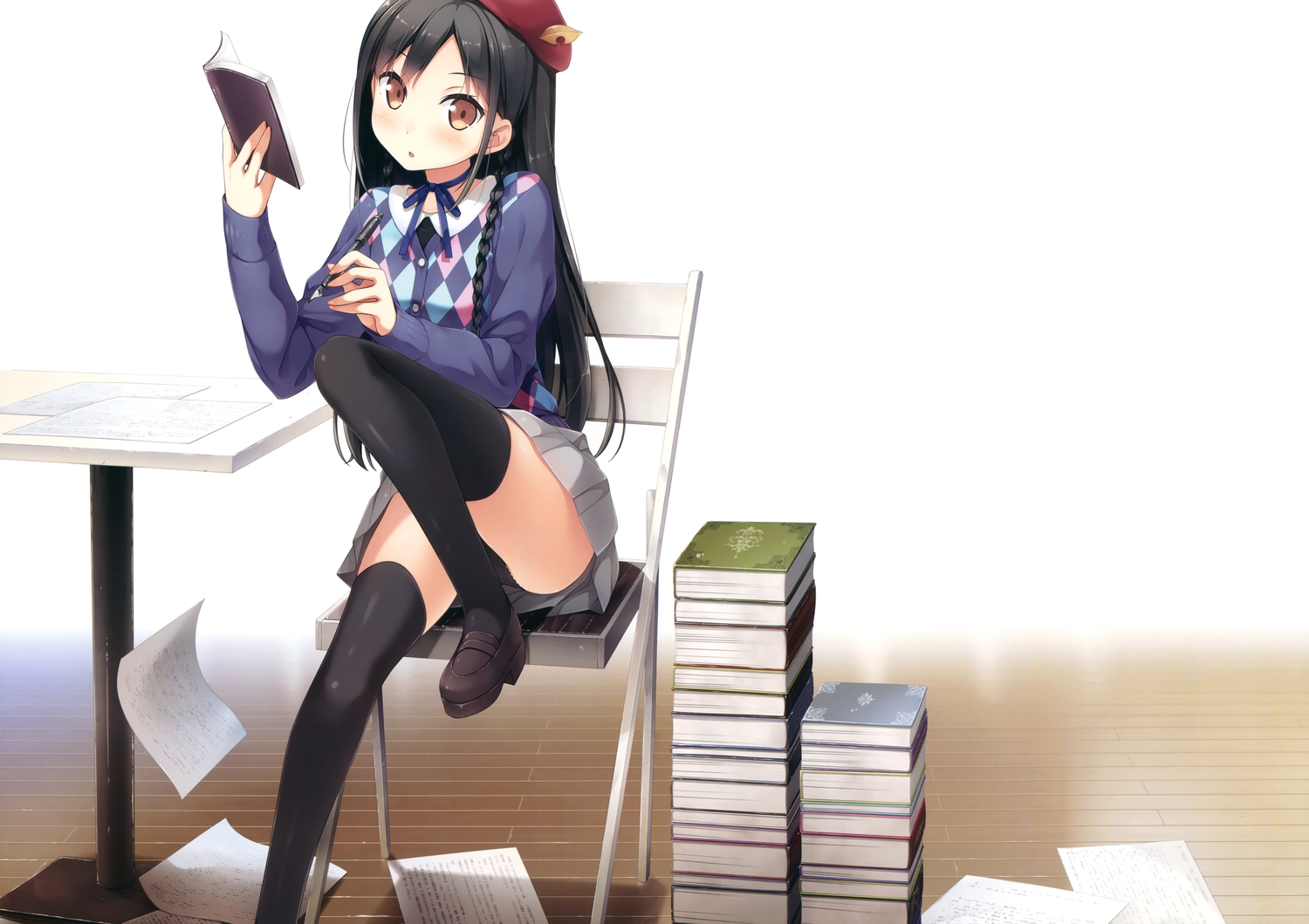 black_hair, book, braids, choker, cube, hat, kantoku, koi_suru_kanojo_no_bukiyou_na_butai