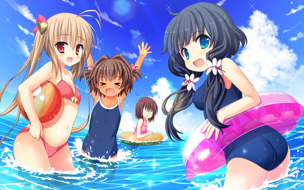 aqua_eyes, ass, ball, bell, bikini, black_hair, blonde_hair, brown_hair, clouds, dark_skin, game_cg, group, houjou_miku, huei_nazuki, kirishima_nono, kurasuke, loli, long_hair, low_rise!!!, moriyama_rin, red_eyes, sawai_kogiri, school_swimsuit, short_hair, sky, swim_ring, swimsuit, twintails, water