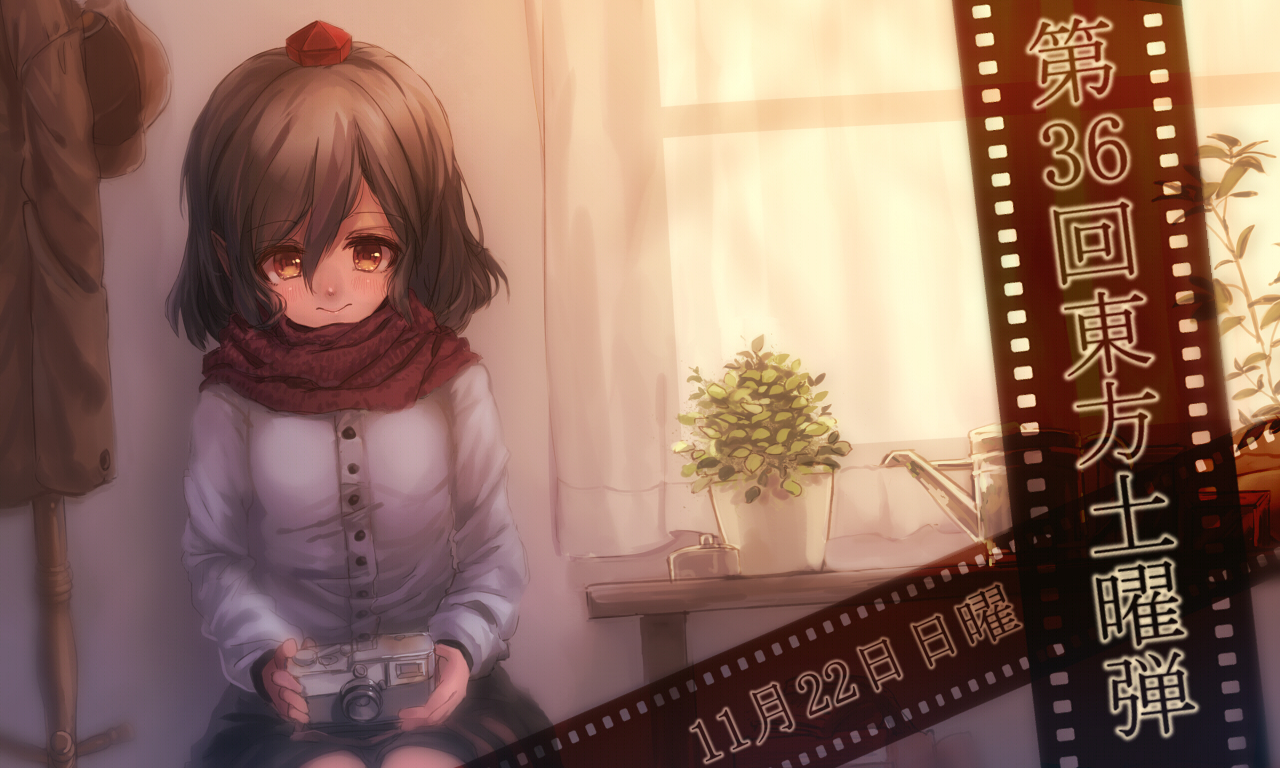 brown_hair, camera, dqn_(dqnww), hat, orange_eyes, pointed_ears, scarf, shameimaru_aya