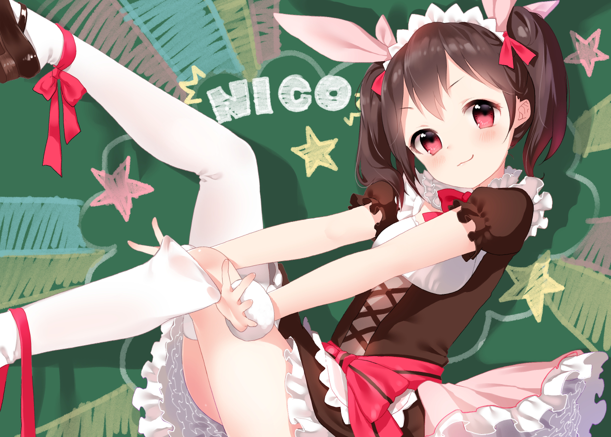 furururu, headdress, kneehighs, love_live!_school_idol_project, ribbons, twintails, yazawa_nico