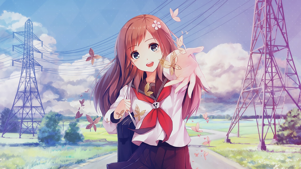 arsenixc, blue_eyes, brown_hair, butterfly, caidychen, clouds, everlasting_summer, grass, long_hair, original, school_uniform, skirt, sky, third-party_edit