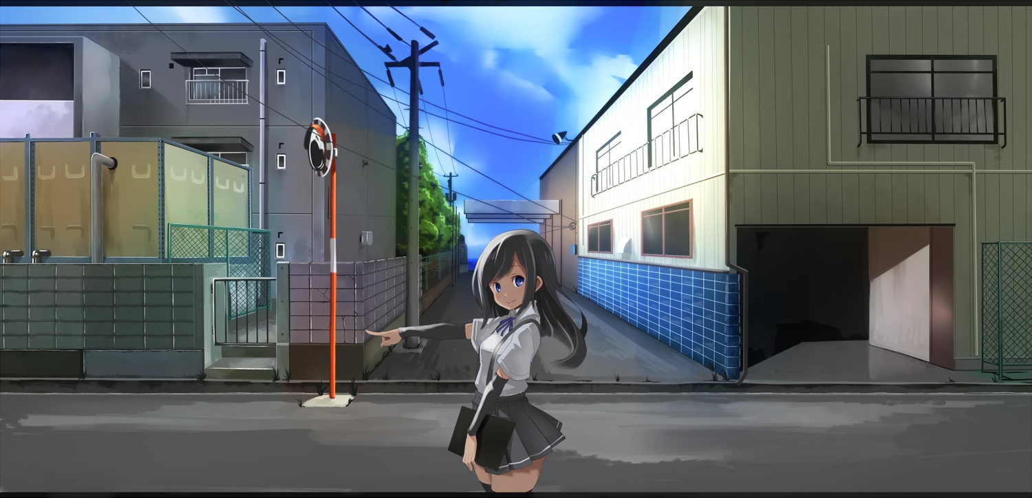 anthropomorphism, asashio_(kancolle), black_hair, blue_eyes, book, building, kantai_collection, lob-ster, long_hair, scenic, school_uniform, skirt, thighhighs, zettai_ryouiki