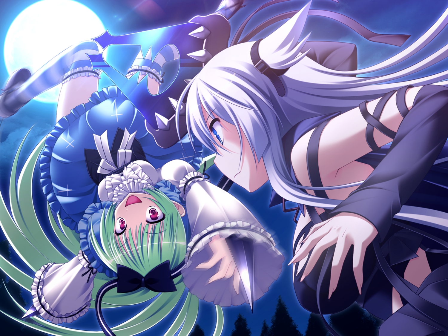 2girls, 3rd_eye, bloody_rondo, dress, fire, fransisc_poirot, game_cg, green_hair