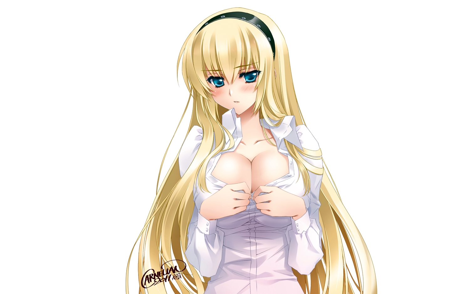 aqua_eyes, blonde_hair, blush, breasts, carnelian, cleavage, headband, irisdina_bernhard