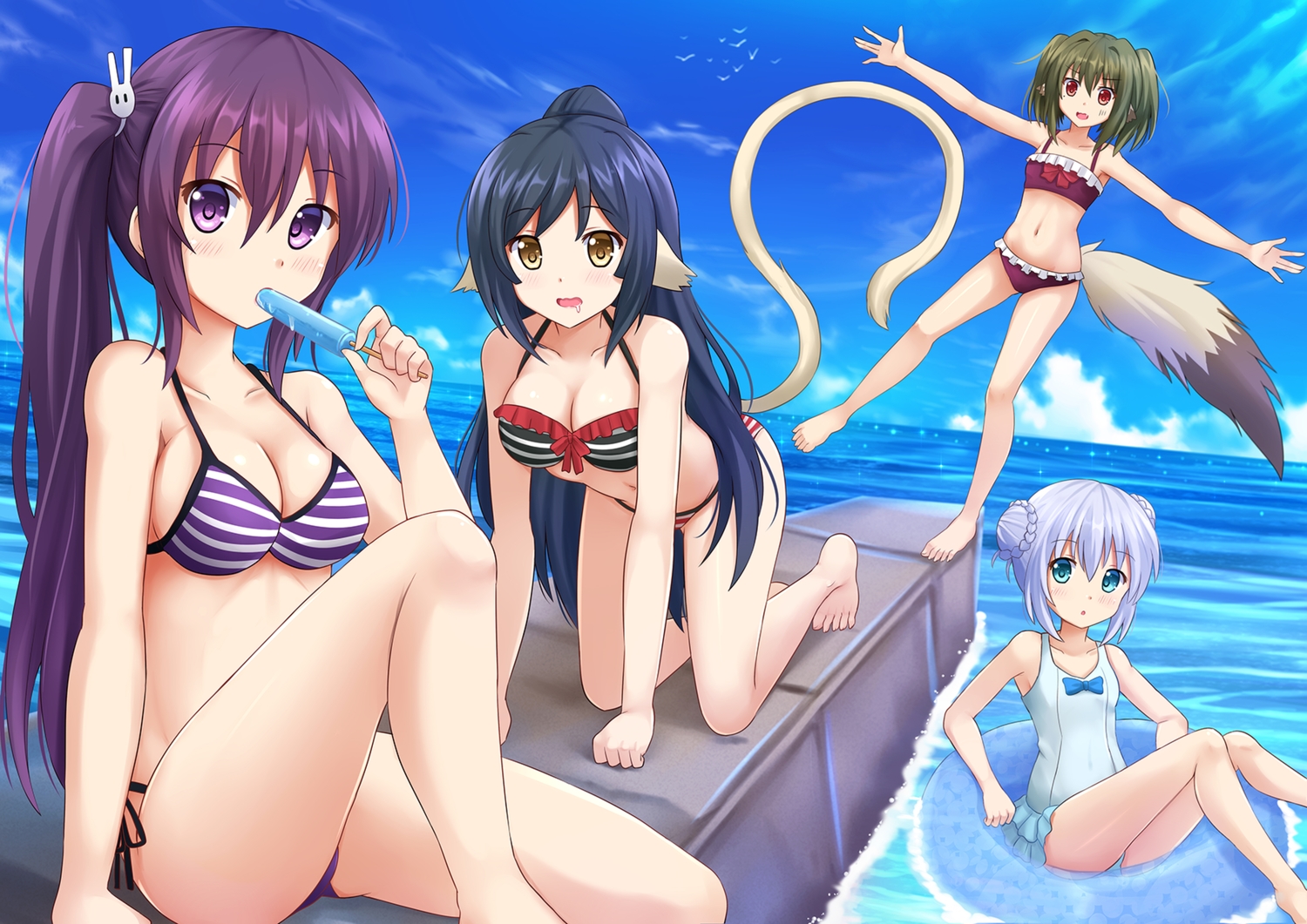 animal_ears, aqua_eyes, bikini, black_hair, bow, breasts, brown_hair, cleavage, clouds, gochuumon_wa_usagi_desu_ka?, gray_hair, group, kafuu_chino, kazenokaze, kuon_(utawarerumono), long_hair, nekone_(utawarerumono), ponytail, popsicle, purple_eyes, purple_hair, red_eyes, short_hair, sky, swim_ring, swimsuit, tail, tedeza_rize, twintails, utawarerumono, utawarerumono_itsuwari_no_kamen, water, yellow_eyes
