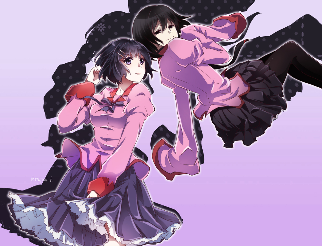 2girls, bakemonogatari, black_hair, hanekawa_tsubasa, monogatari_(series), oshino_ougi, pantyhose, school_uniform