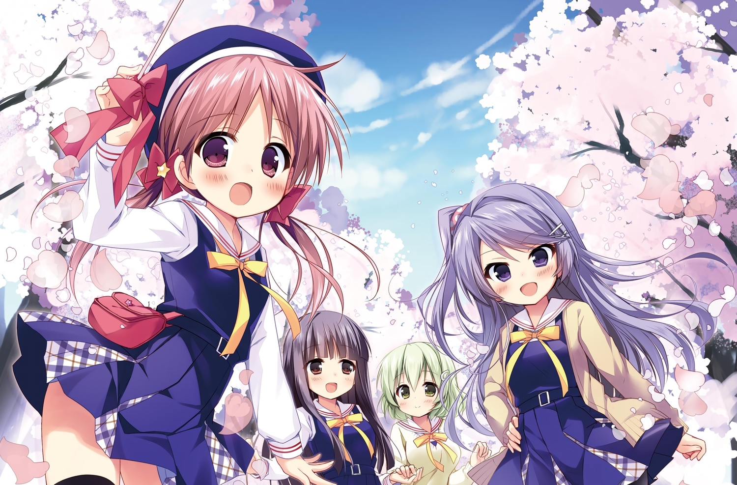 black_hair, blush, bow, brown_eyes, cherry_blossoms, flowers, green_eyes, green_hair