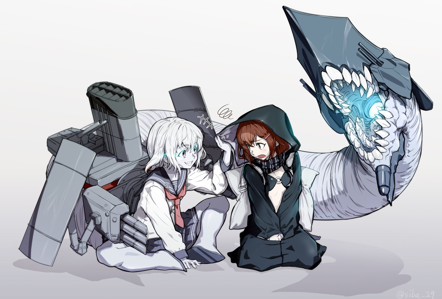 2girls, anthropomorphism, bikini_top, brown_hair, cosplay, hood, ikazuchi_(kancolle), kantai_collection, open_shirt, re-class_battleship, scarf, school_uniform, shiba_itsuki, short_hair, tail, weapon, white_hair