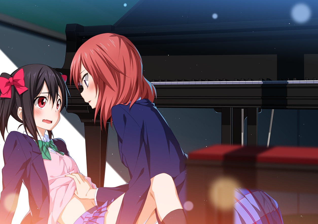 2c=galore, black_hair, blush, bow, instrument, love_live!_school_idol_project, nishikino_maki, piano, red_eyes, red_hair, school_uniform, short_hair, shoujo_ai, twintails, yazawa_nico