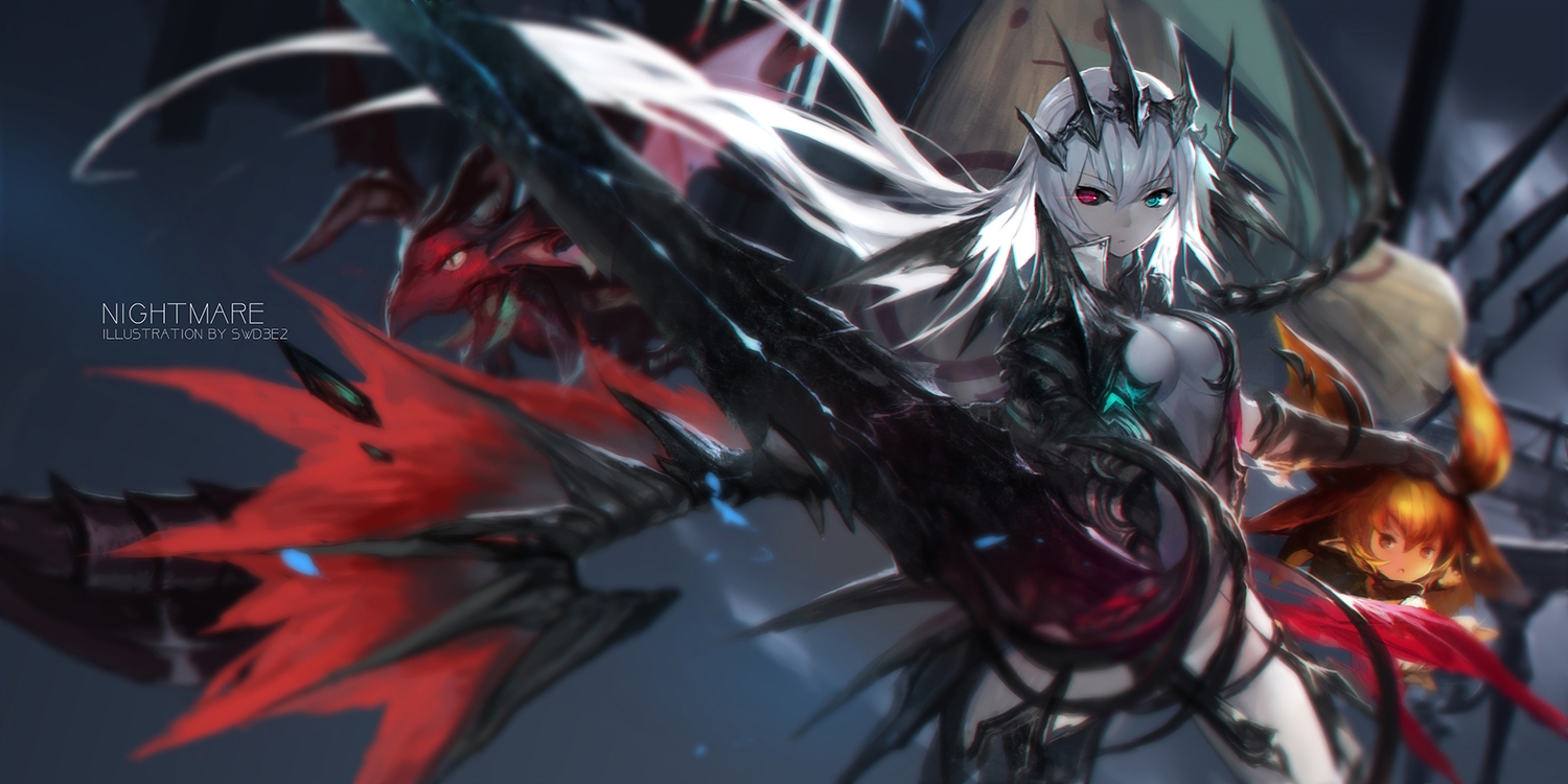 armor, arnice_(yoru_no_nai_kuni), bicolored_eyes, breasts, cleavage, long_hair, swd3e2, twintails, watermark, weapon, white_hair, yoru_no_nai_kuni