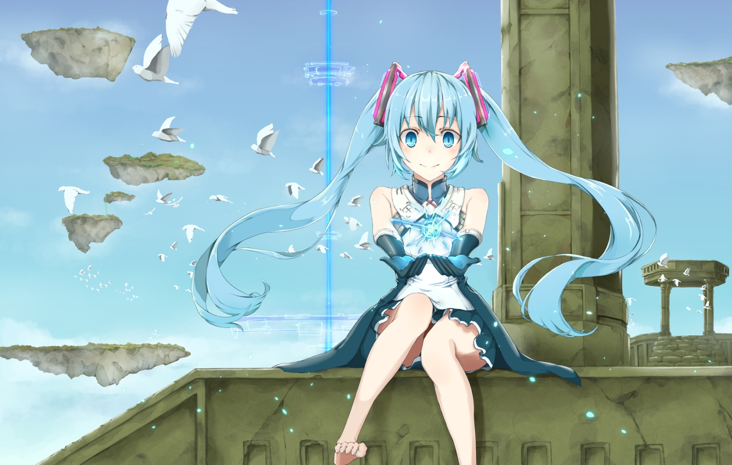 animal, barefoot, bird, blue_eyes, blue_hair, elbow_gloves, gloves, hatsune_miku, long_hair, piisu, sky, twintails, vocaloid