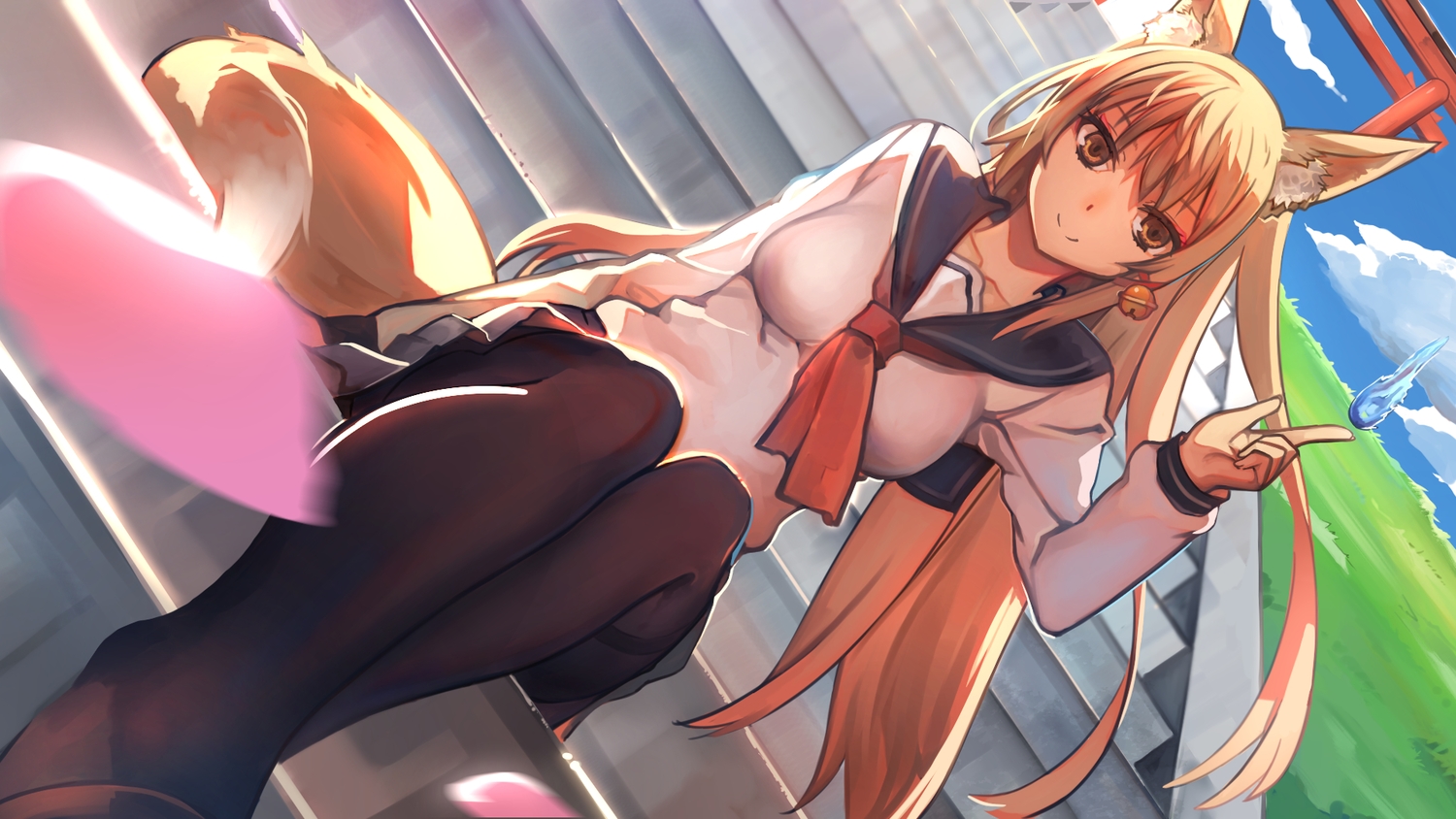 animal_ears, bell, blonde_hair, foxgirl, kamisakai, long_hair, magic, original, pantyhose, school_uniform, skirt, yellow_eyes