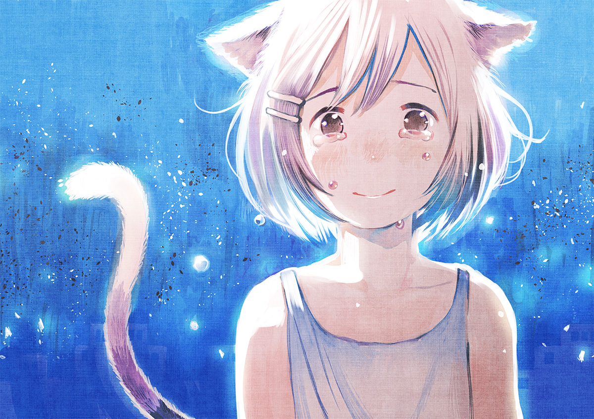 animal_ears, bakemonogatari, crying, hanekawa_tsubasa, monogatari_(series), short_hair, tail, tears, white_hair, yuu_(plasm)