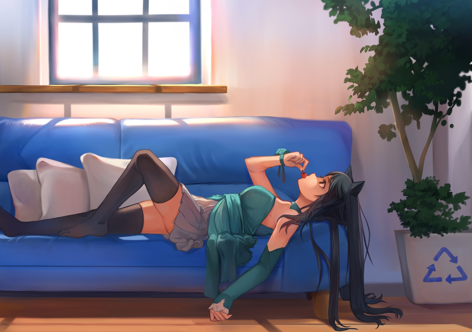 animal_ears, black_hair, brown_eyes, catgirl, cherry, collar, couch, elbow_gloves, food, fruit, gloves, kamisakai, leaves, long_hair, original, skirt, thighhighs, tree, wristwear