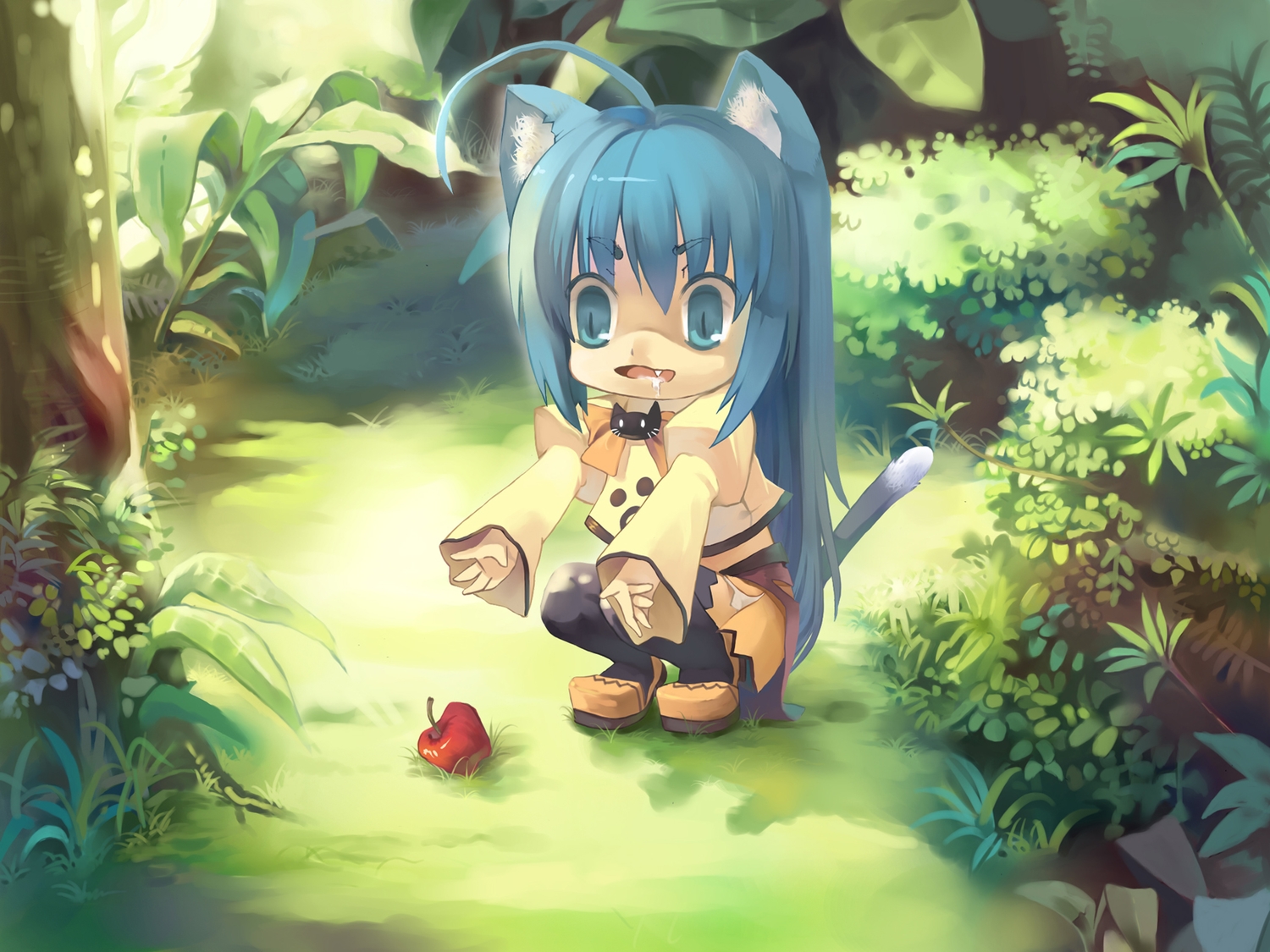 animal_ears, apple, blue_eyes, blue_hair, catgirl, chibi, fang, food