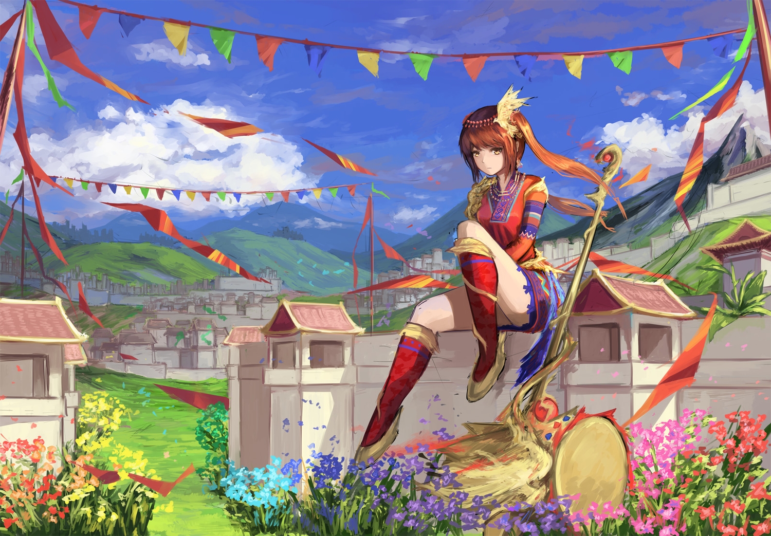 animal, bird, boots, clouds, dress, drums, flowers, grass