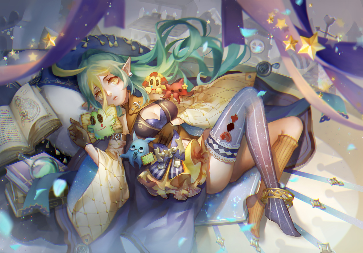 aqua_hair, bed, book, breasts, cleavage, dywx_poison, gloves, kneehighs, long_hair, original, pixiv_fantasia, pointed_ears, thighhighs, yellow_eyes