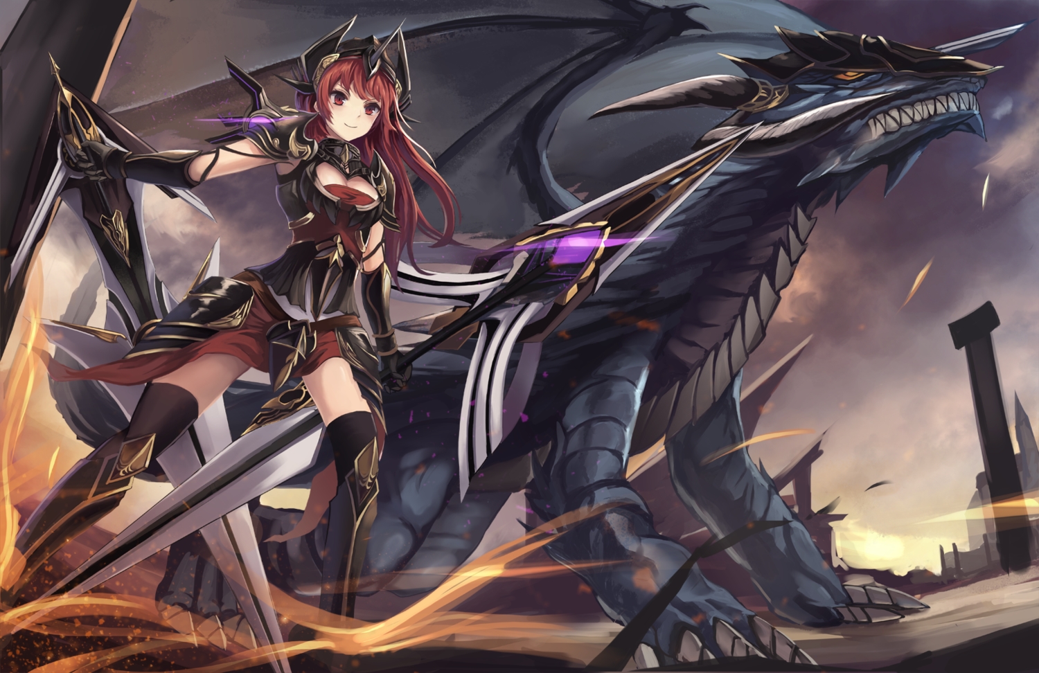 armor, dragon, eruthika, long_hair, original, red_eyes, red_hair, sword, thighhighs, weapon