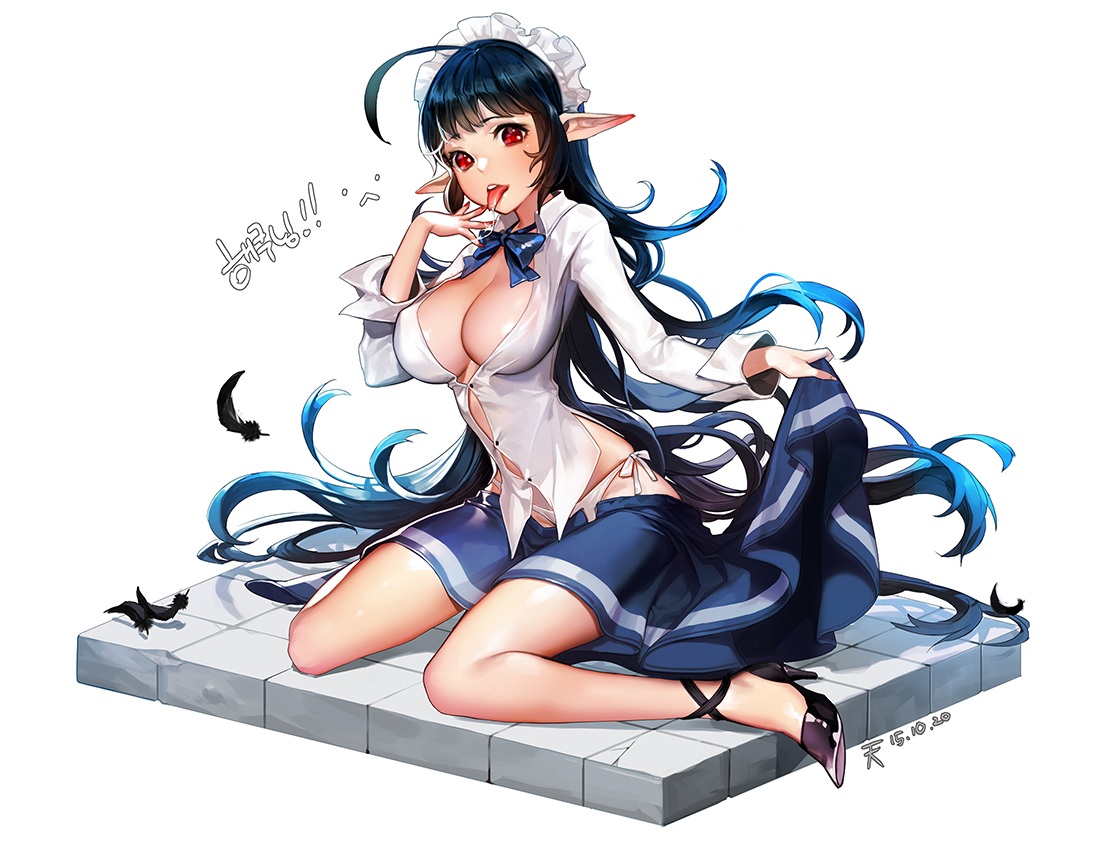 black_hair, bow, breasts, cleavage, ddongu, feathers, long_hair, open_shirt