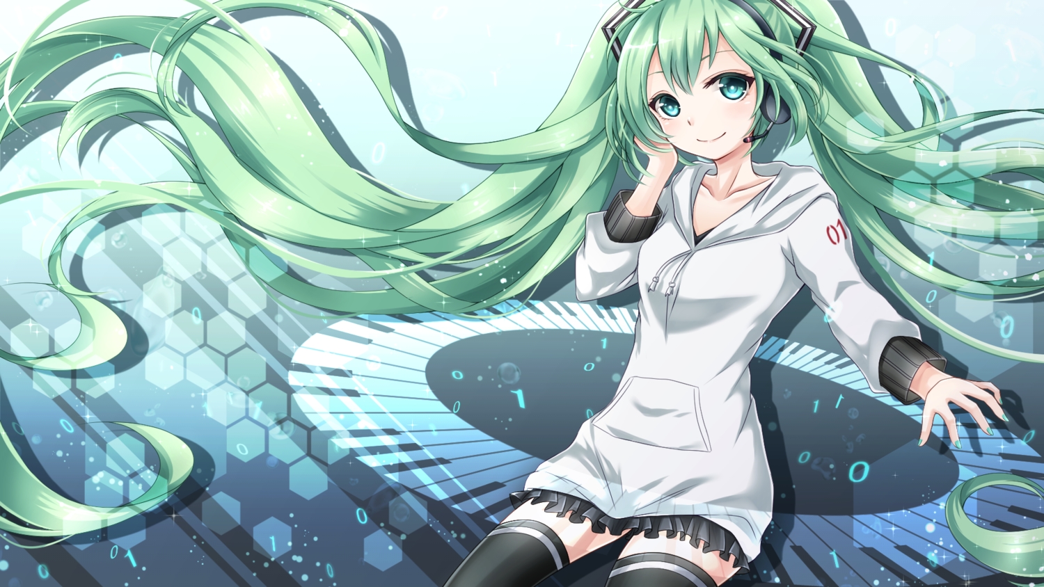 aqua_eyes, aqua_hair, hatsune_miku, headphones, hood, instrument, long_hair, microphone