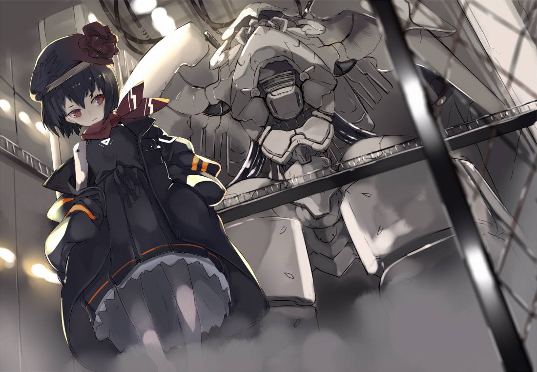 black_hair, dress, hat, mecha, original, red_eyes, shiromiso, short_hair