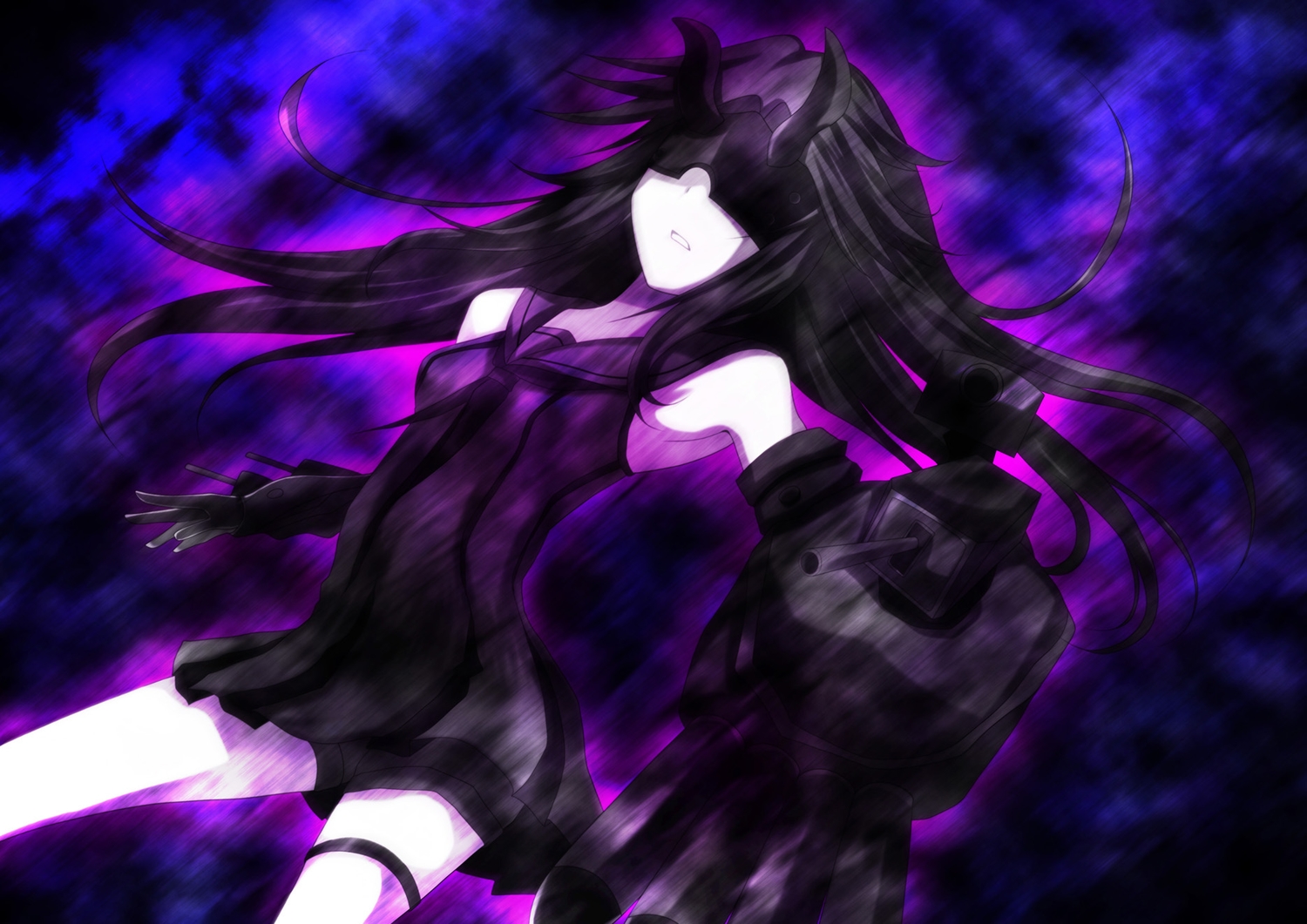anthropomorphism, ayasata_karen, black_hair, blue, dress, garter, horns, kantai_collection