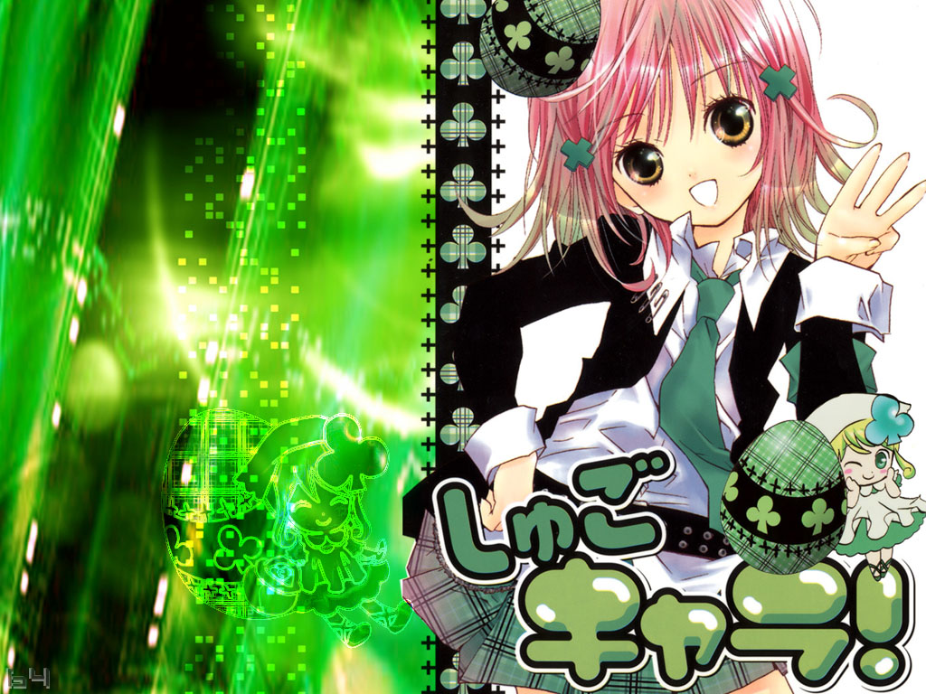 green, hinamori_amu, jpeg_artifacts, peach-pit, pink_hair, school_uniform, short_hair, shugo_chara, suu_(shugo_chara), tie, yellow_eyes
