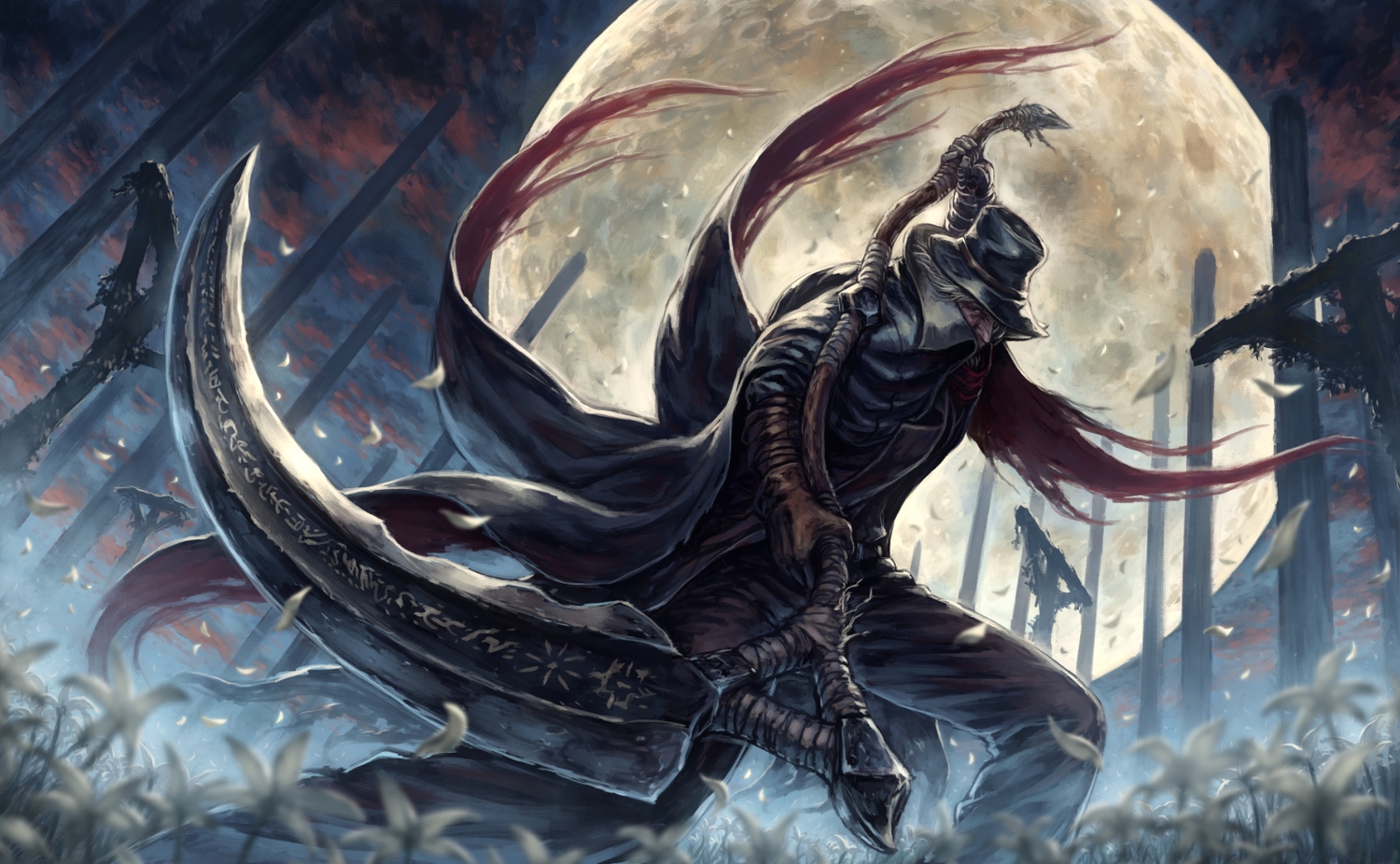 bloodborne, cape, flowers, gehrman, hat, moon, petals, scythe