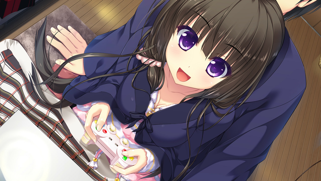 ameto_yuki, black_hair, breasts, cleavage, game_cg, game_console, ichinose_sora, kotatsu