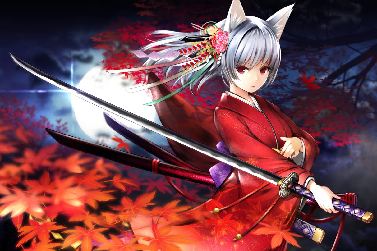 animal_ears, autumn, catbell, gray_hair, japanese_clothes, katana, kimono, leaves, original, red_eyes, sword, weapon