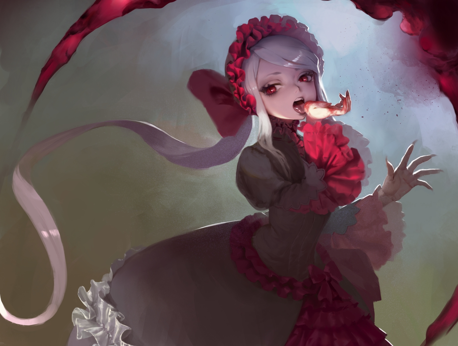 attall, blood, dress, goth-loli, headdress, lolita_fashion, long_hair, overlord, ponytail, red_eyes, ribbons, shalltear_bloodfallen, vampire, white_hair