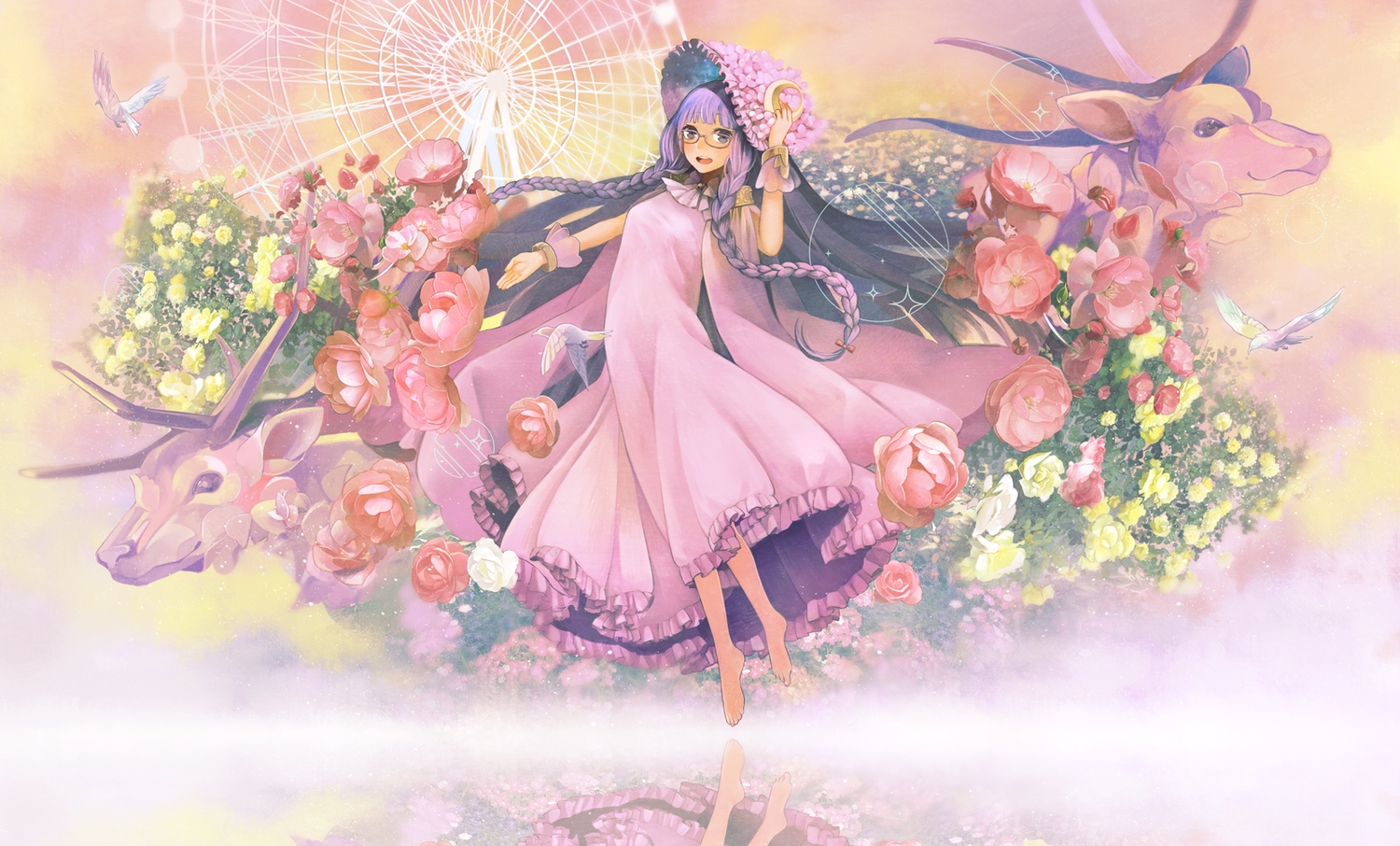 animal, barefoot, bird, braids, dress, flowers, glasses, hat, long_hair, patchouli_knowledge, purple_hair, rackety, touhou, twintails, wristwear