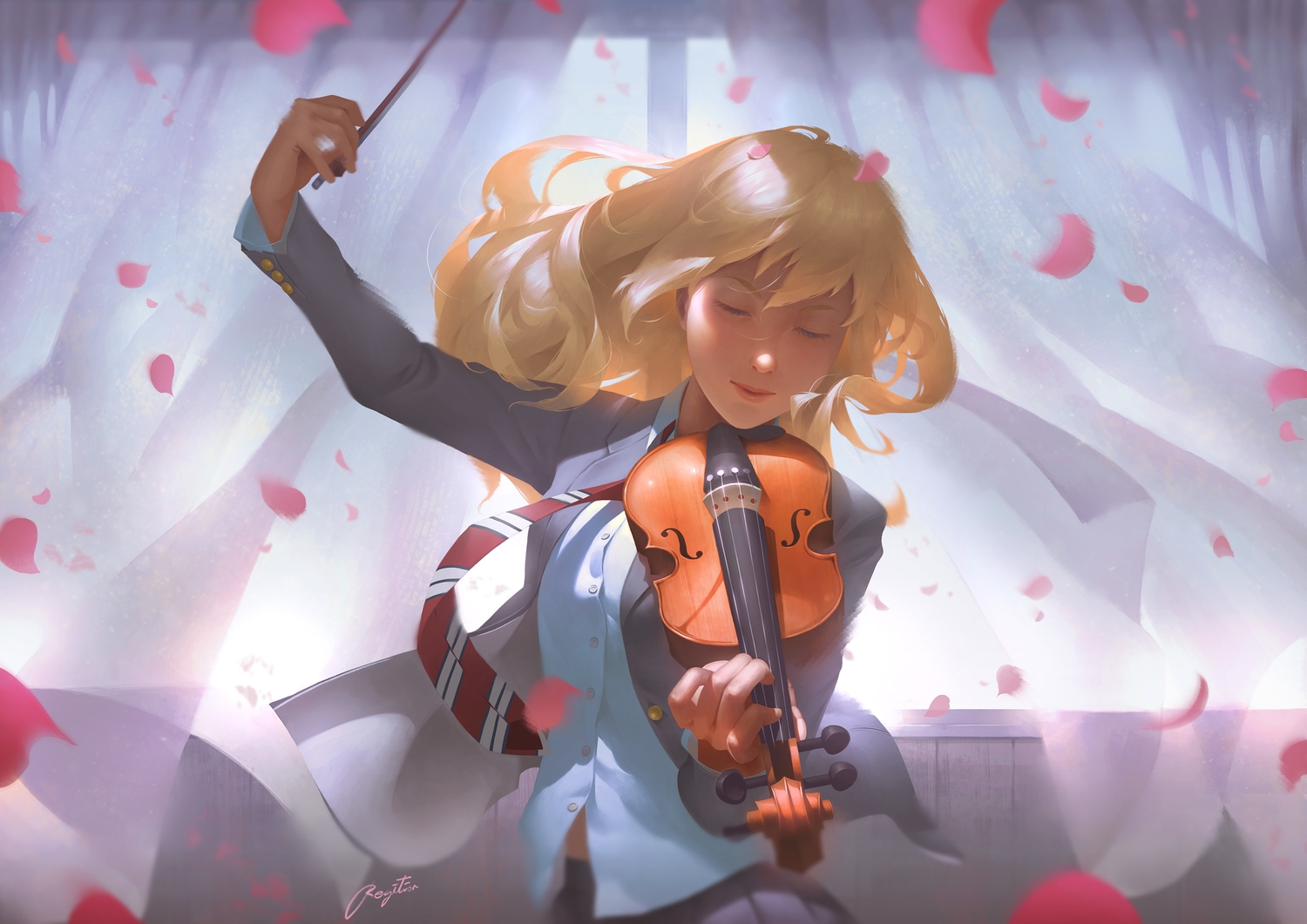 blonde_hair, instrument, miyazono_kaori, petals, realistic, regition, school_uniform, shigatsu_wa_kimi_no_uso, signed, violin