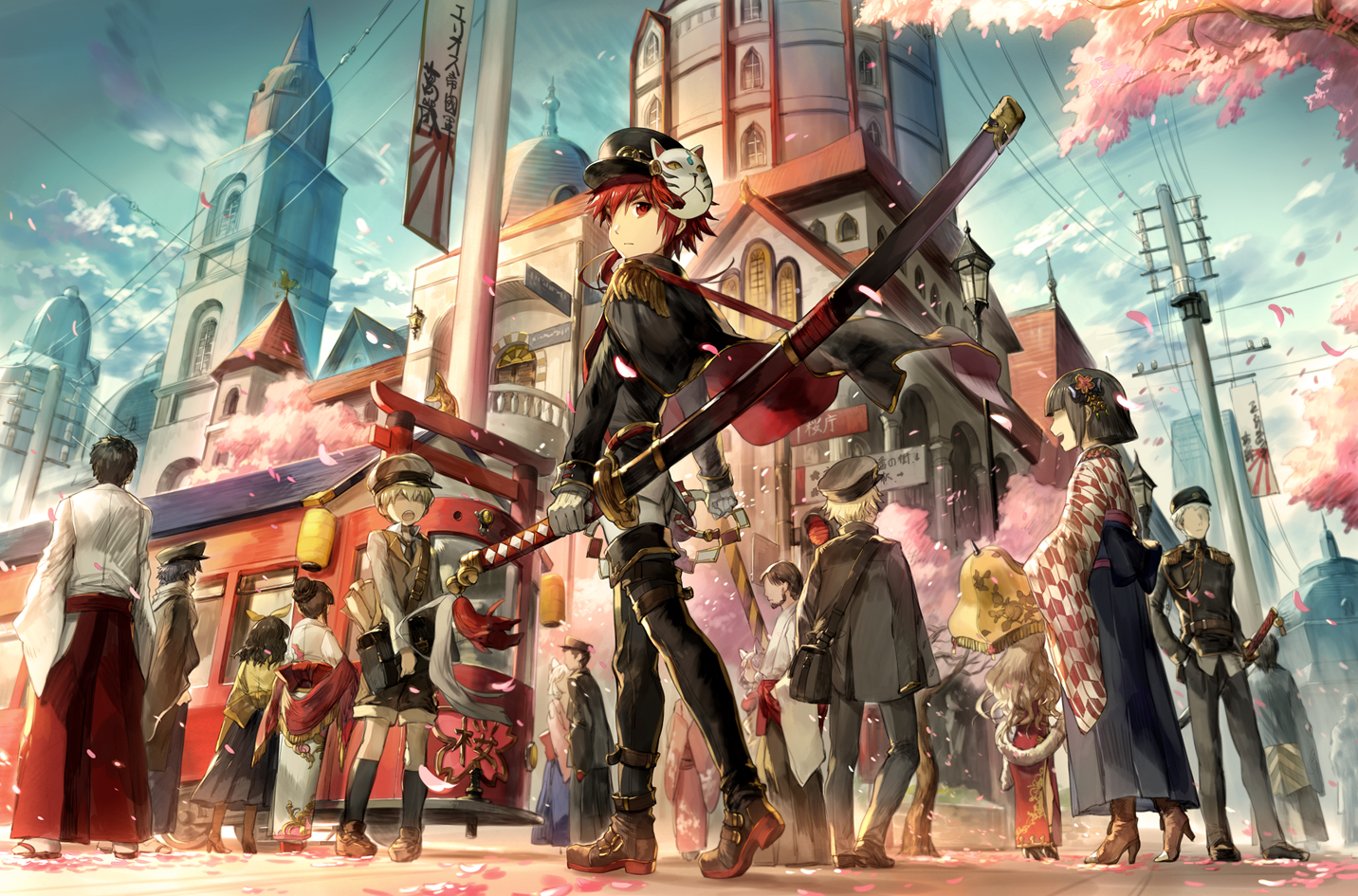 boots, building, cherry_blossoms, elsword, elsword_(character), flowers, group, hat