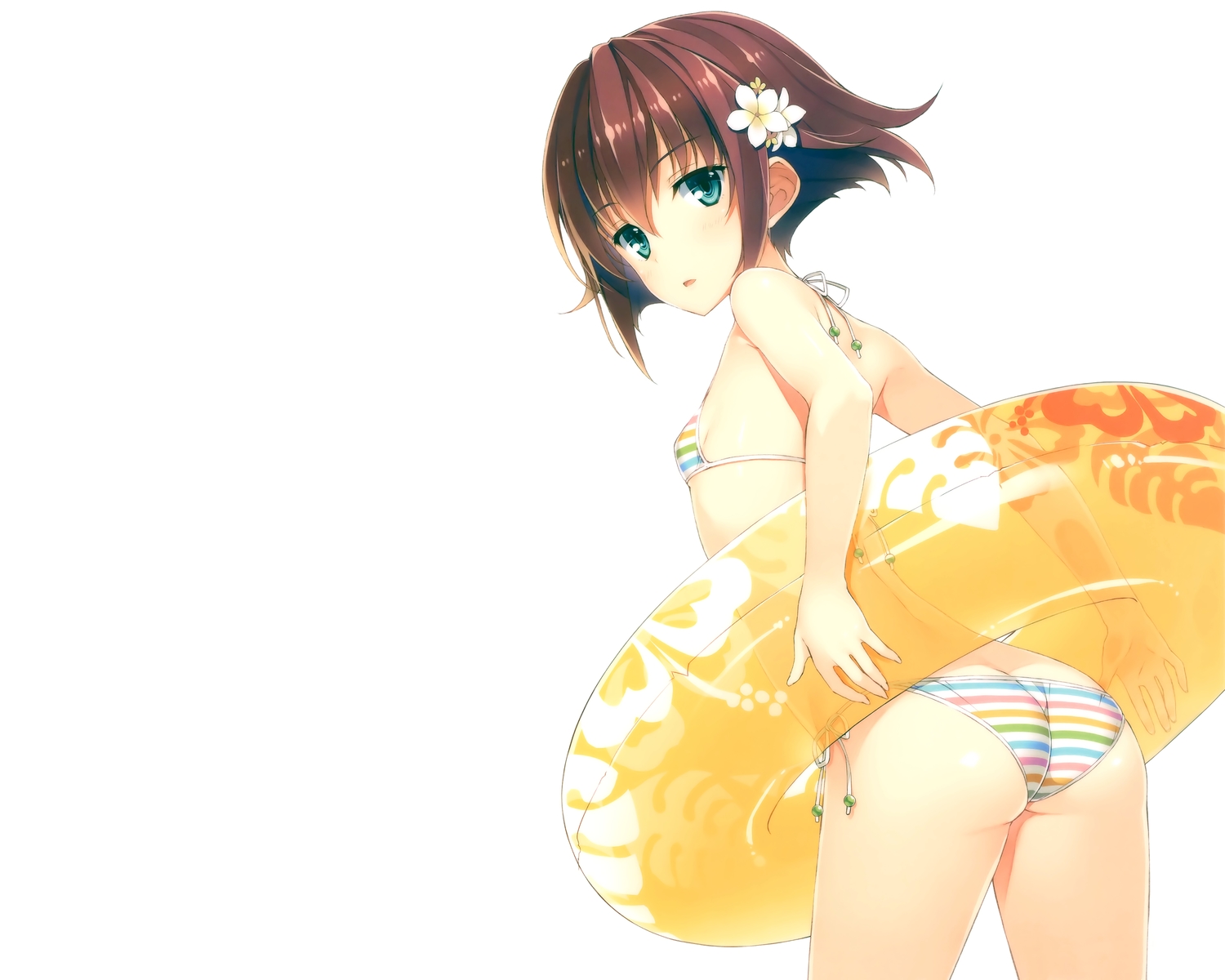 aqua_eyes, ass, bikini, brown_hair, flat_chest, original, short_hair, swim_ring, swimsuit, white, yuuki_hagure